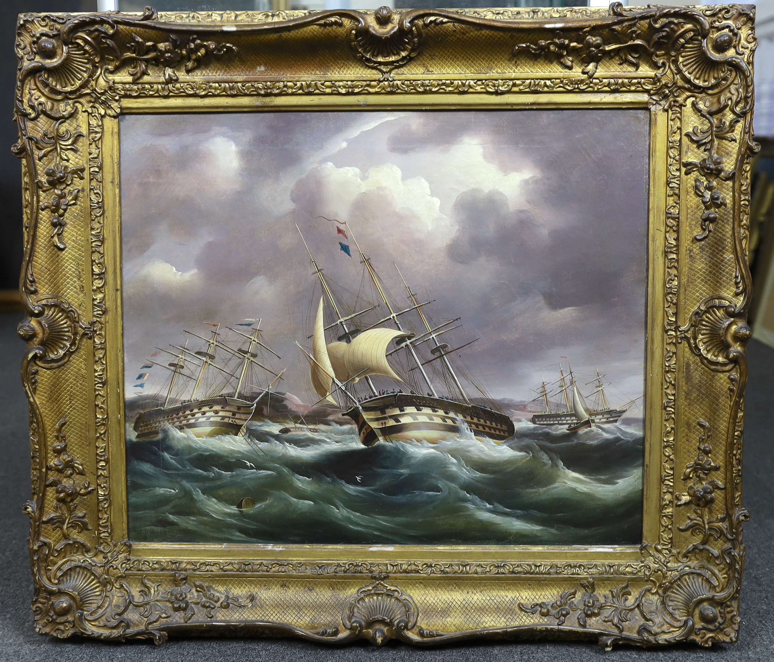 B. Spencer (19th C.), Frigates in heavy seas, oil on canvas, 50 x 60cm